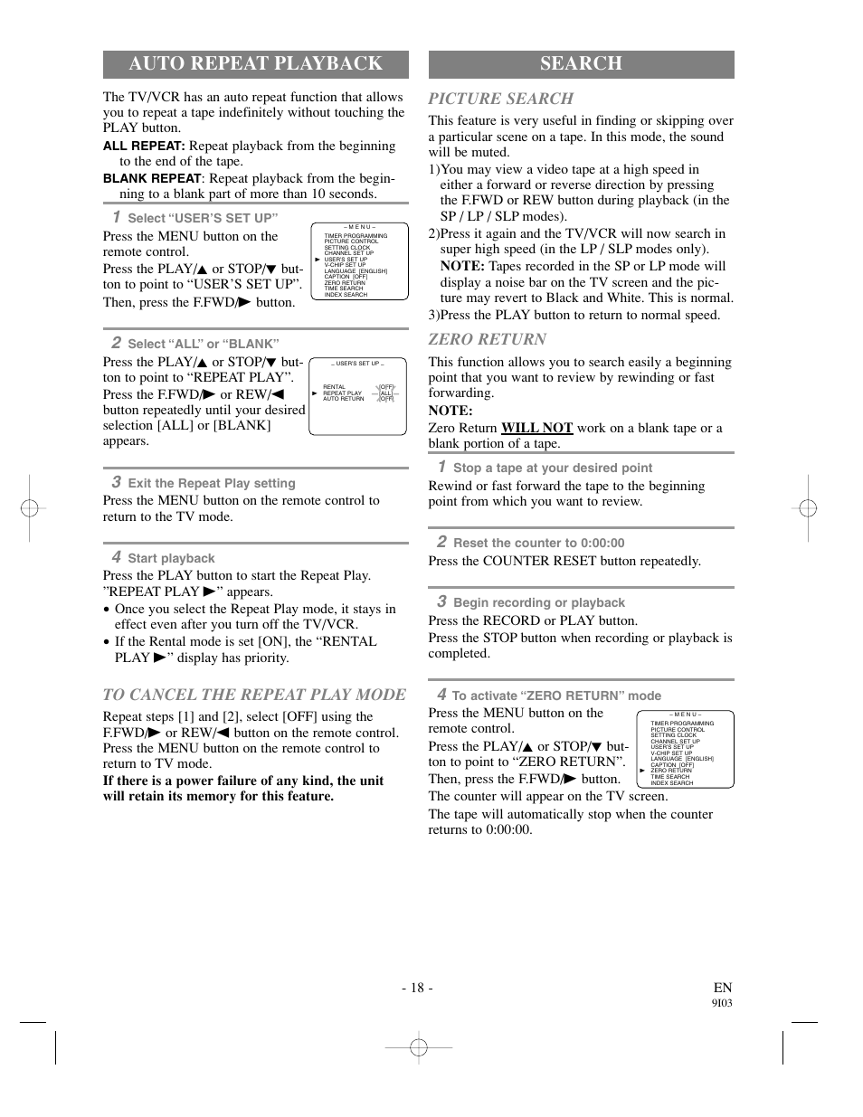 Search, Auto repeat playback, Picture search | Zero return | Sylvania SSC132 User Manual | Page 18 / 32
