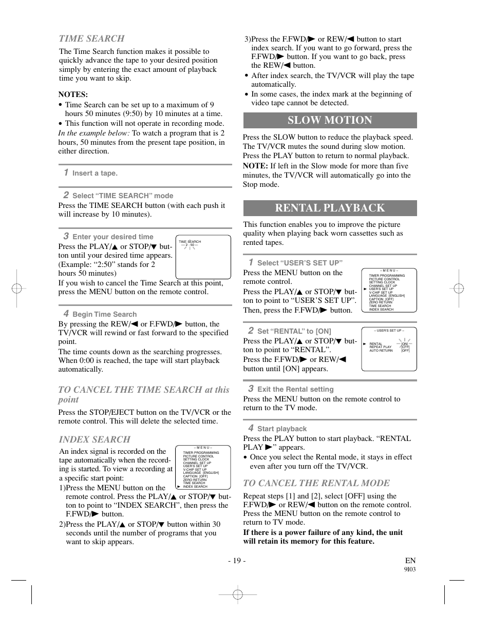 Rental playback, Slow motion, Time search | Index search | Sylvania SSC132 User Manual | Page 19 / 32