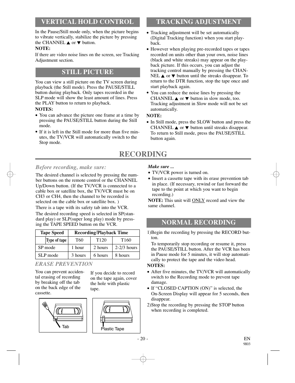 Recording, Normal recording, Tracking adjustment | Vertical hold control still picture | Sylvania SSC132 User Manual | Page 20 / 32