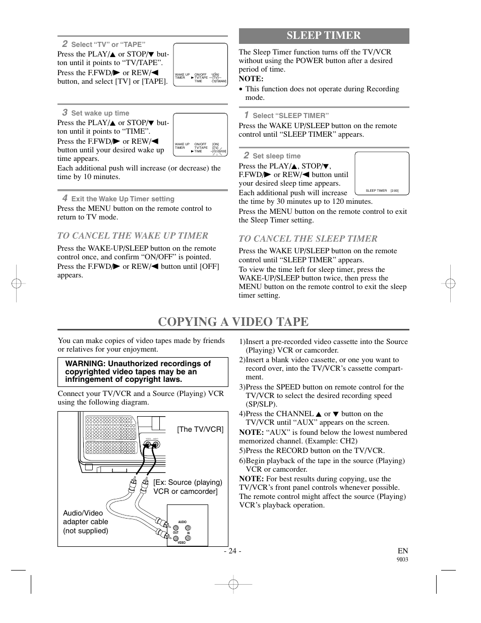 Copying a video tape, Sleep timer | Sylvania SSC132 User Manual | Page 24 / 32
