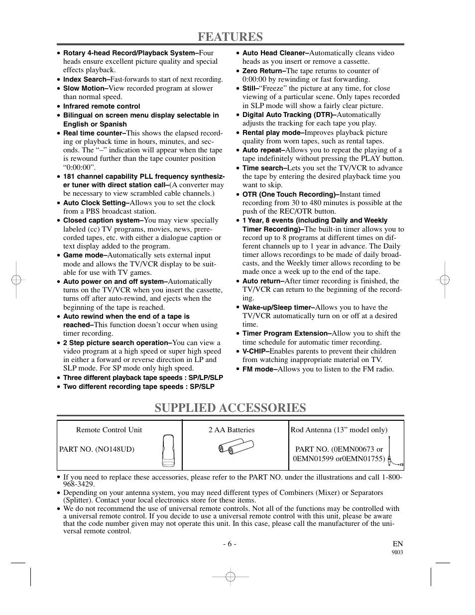 Features, Supplied accessories | Sylvania SSC132 User Manual | Page 6 / 32