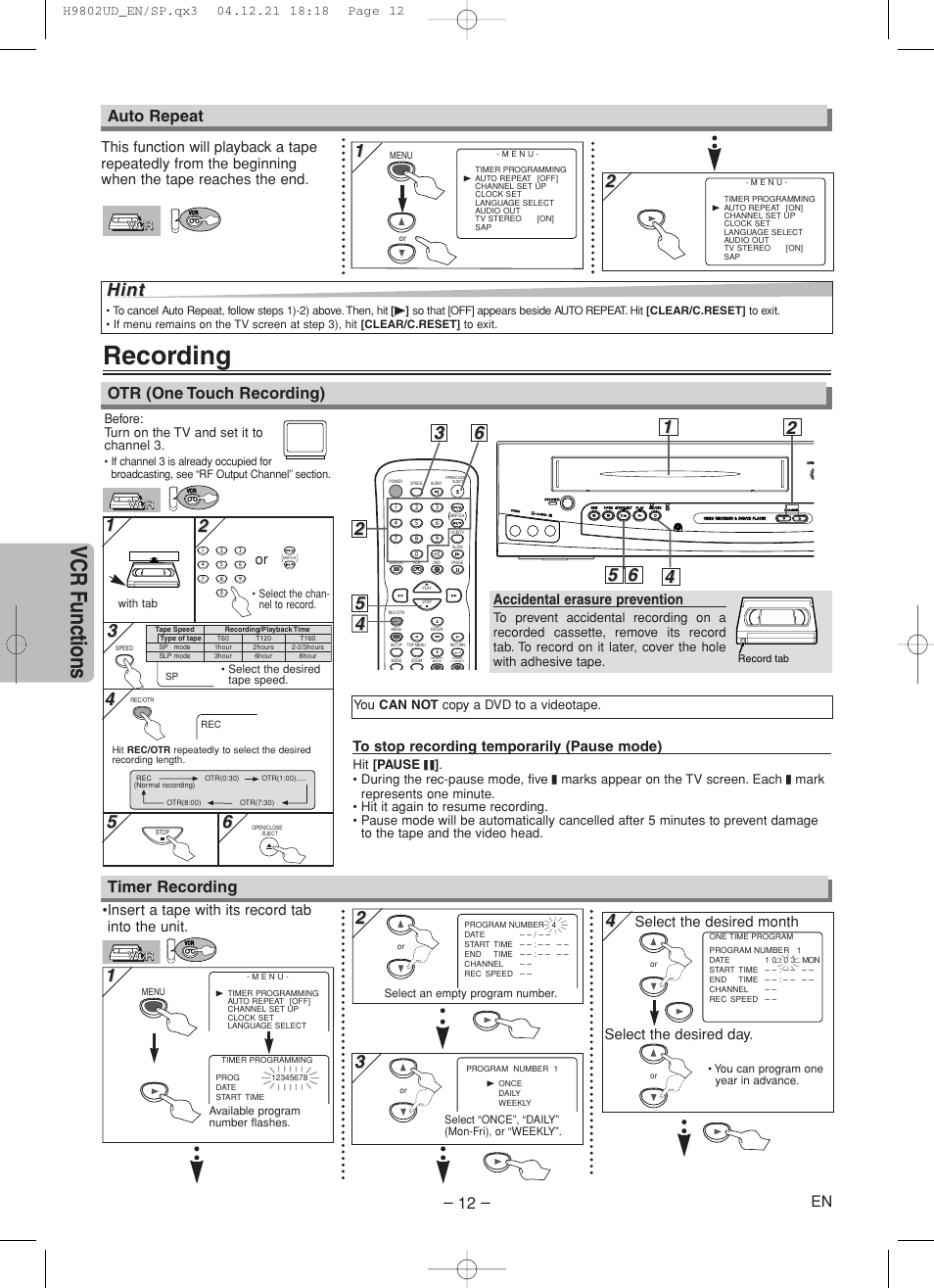 Recording, Vcr functions, Hint | Otr (one touch recording), Auto repeat, Timer recording, Select the desired month select the desired day, Accidental erasure prevention, Insert a tape with its record tab into the unit | Sylvania DVC865F User Manual | Page 12 / 28