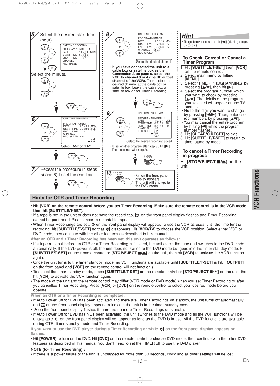 Vcr functions, Hint, Hints for otr and timer recording | Sylvania DVC865F User Manual | Page 13 / 28