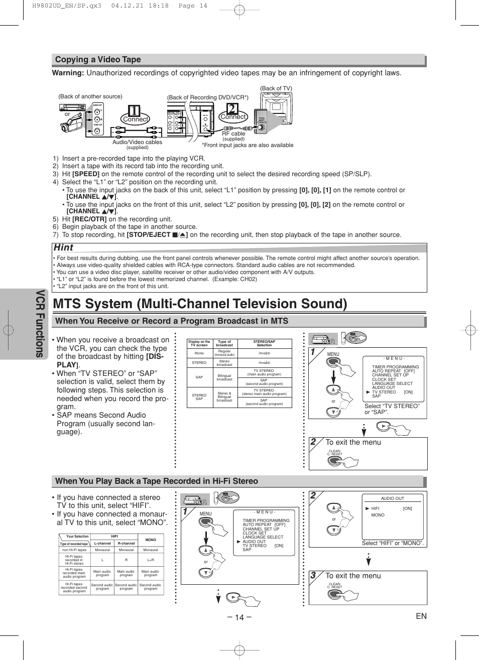Mts system (multi-channel television sound), Vcr functions, Hint | Copying a video tape, Connect | Sylvania DVC865F User Manual | Page 14 / 28