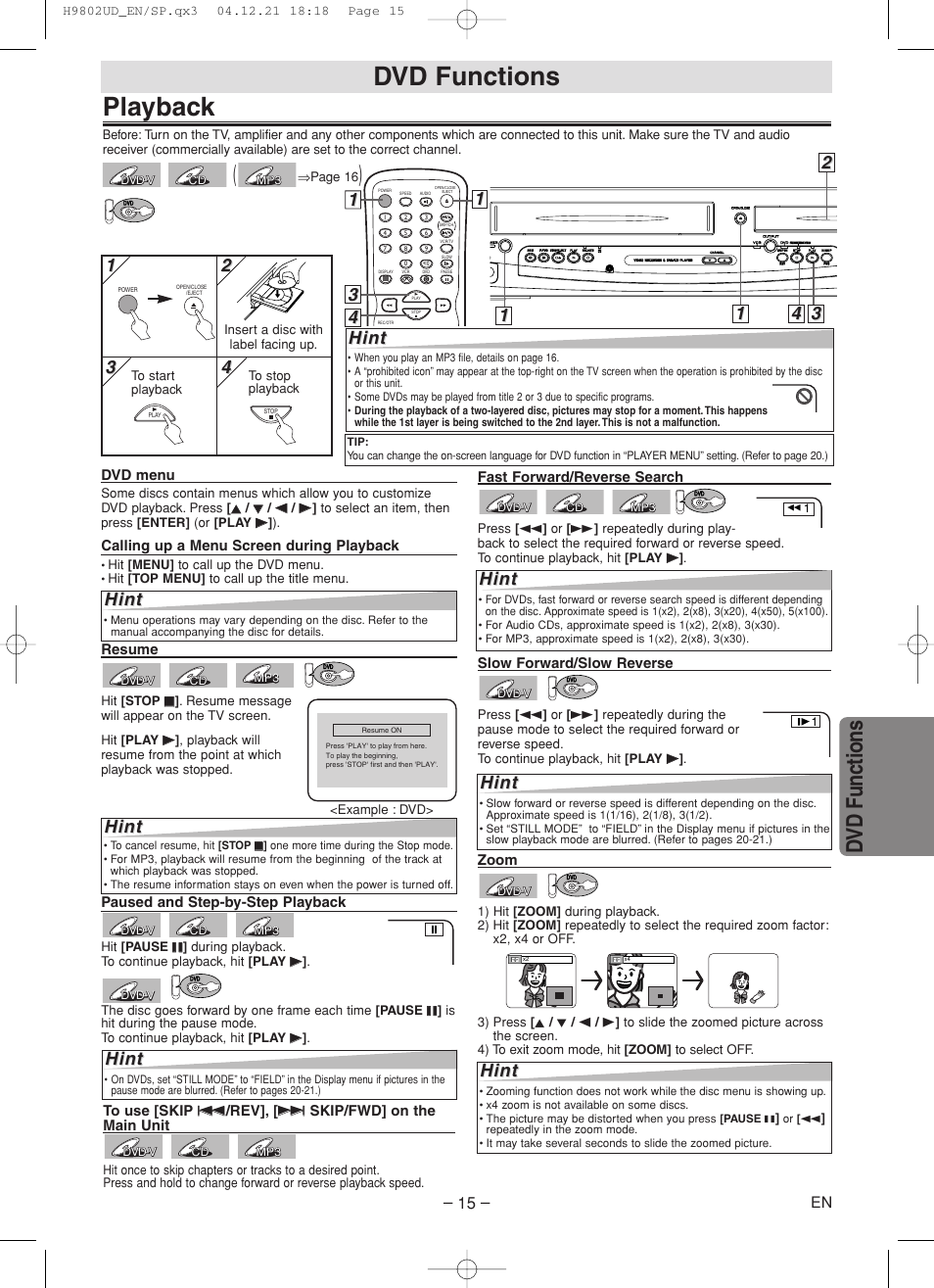 Playback, Dvd functions, Hint | 2hint hint, 1hint hint | Sylvania DVC865F User Manual | Page 15 / 28