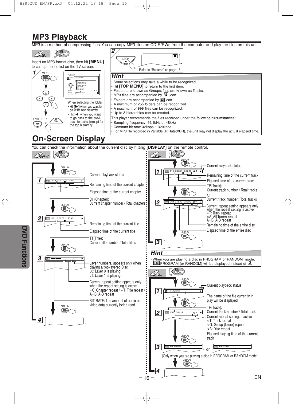 Mp3 playback, On-screen display, Dvd functions | Hint | Sylvania DVC865F User Manual | Page 16 / 28