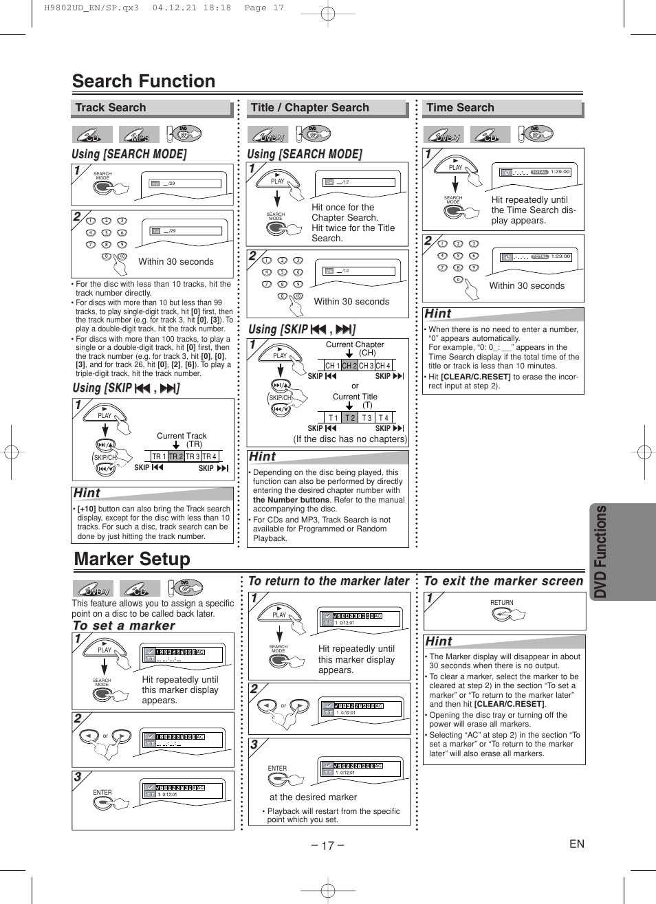 Search function, Marker setup, Dvd functions | Using [search, Using [search mode] mode, Using [skip, Hint | Sylvania DVC865F User Manual | Page 17 / 28