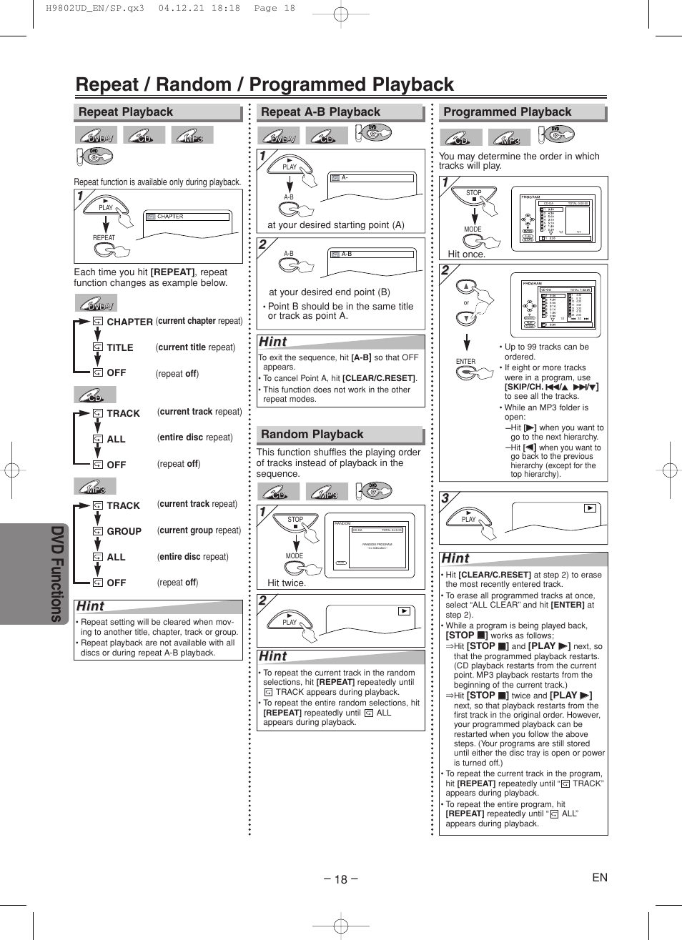 Repeat / random / programmed playback, Dvd functions, Hint | Repeat playback programmed playback, Repeat a-b playback, Random playback | Sylvania DVC865F User Manual | Page 18 / 28