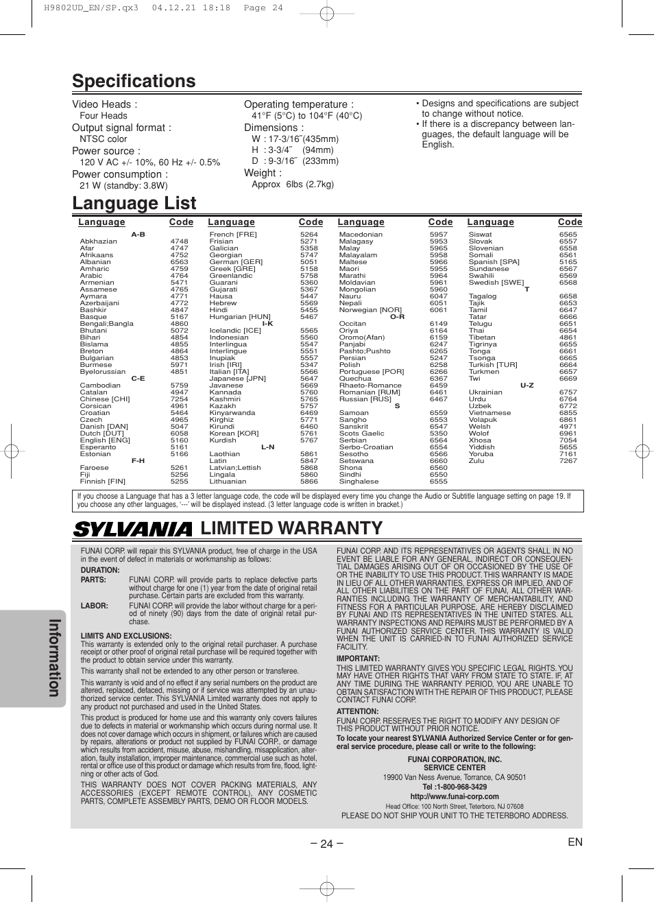 Language list, Specifications, Limited warranty | Inf ormation, Video heads, Output signal format, Power source, Power consumption, Operating temperature, Dimensions | Sylvania DVC865F User Manual | Page 24 / 28