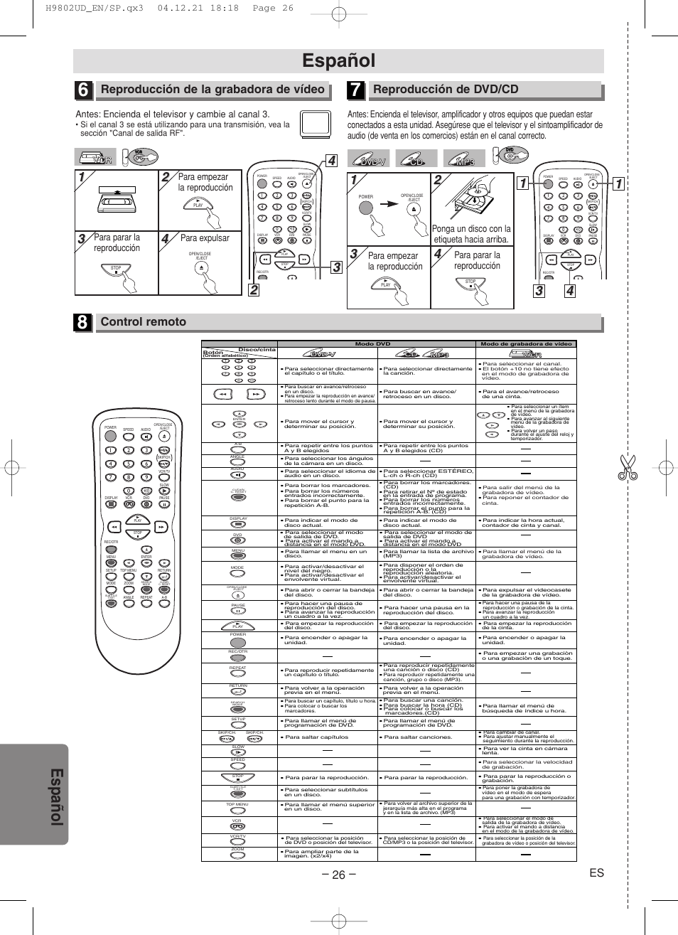 Español, Espa ñ ol, Reproducción de la grabadora de vídeo | Reproducción de dvd/cd, Control remoto, Antes: encienda el televisor y cambie al canal 3, Mp3 cd cd dvd-v dvd-v | Sylvania DVC865F User Manual | Page 26 / 28