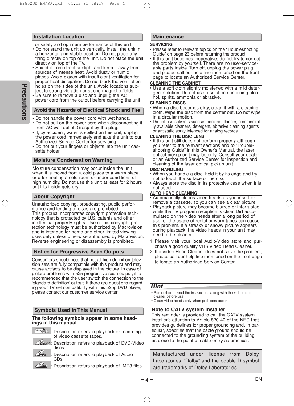 Precautions | Sylvania DVC865F User Manual | Page 4 / 28