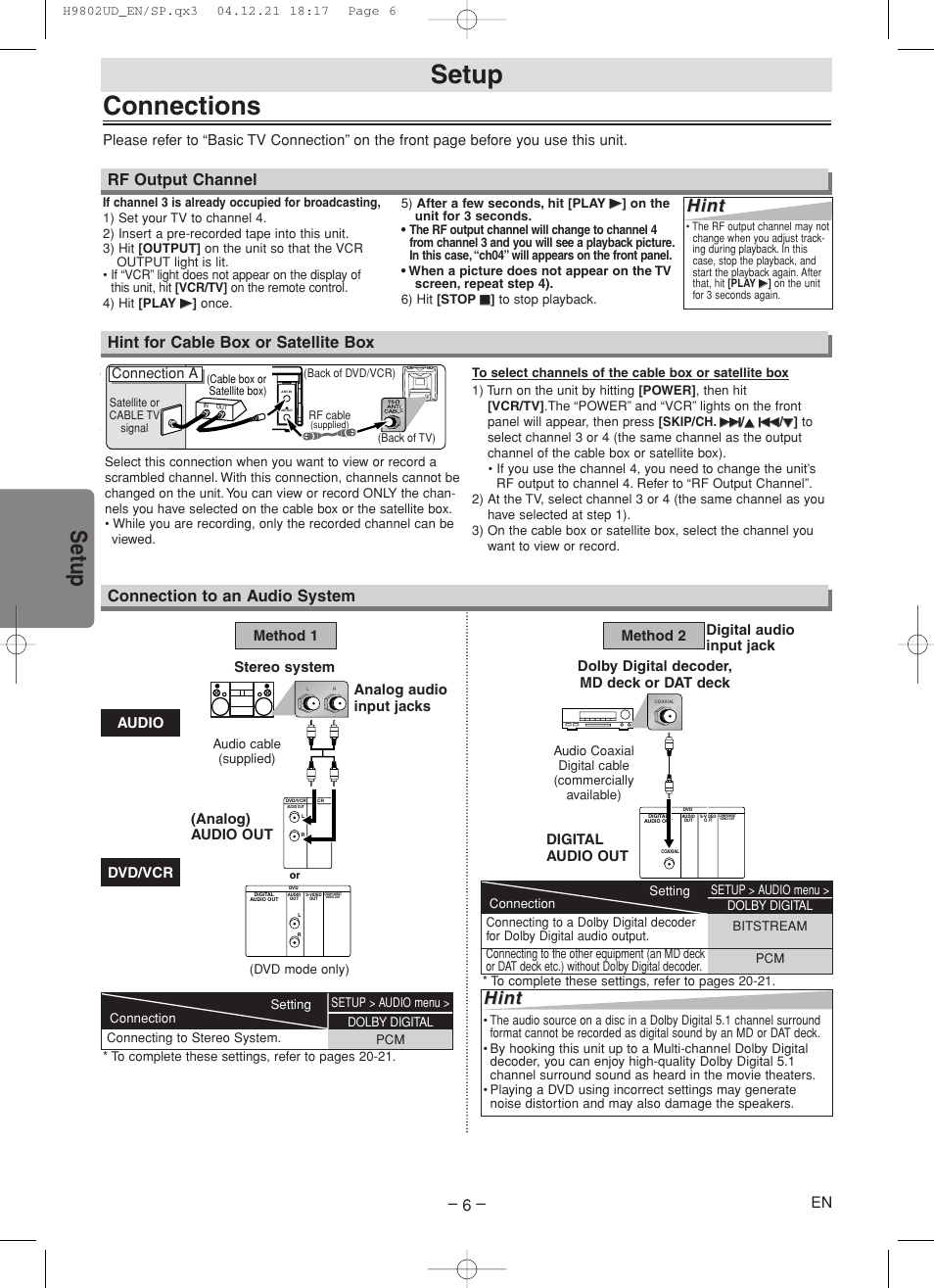 Connections, Setup, Hint | Hint for cable box or satellite box, Connection to an audio system, Rf output channel, Stereo system, Dolby digital decoder, md deck or dat deck | Sylvania DVC865F User Manual | Page 6 / 28