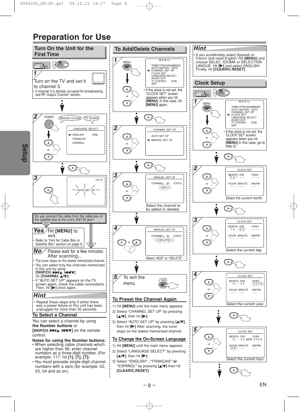 Preparation for use, Setup, 3hint hint | Hint, Yes es, Clock setup, Turn on the unit for the first time, Turn on the tv and set it to channel 3, Please wait for a few minutes. after scanning, Hit [menu] to exit | Sylvania DVC865F User Manual | Page 8 / 28