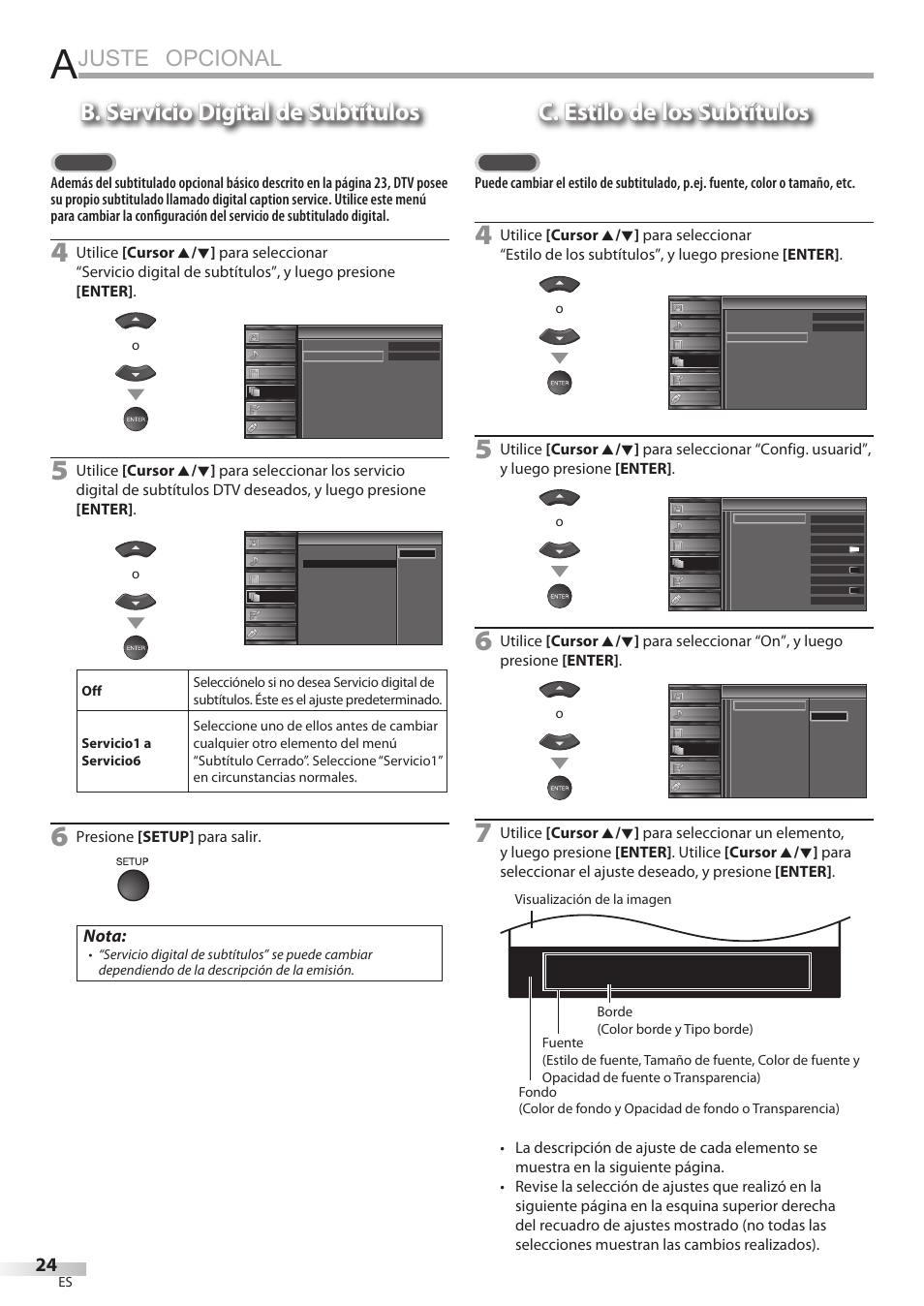 Juste opcional, B. servicio digital de subtítulos, C. estilo de los subtítulos | Nota, Presione [setup] para salir | Sylvania LC427SSX User Manual | Page 101 / 117