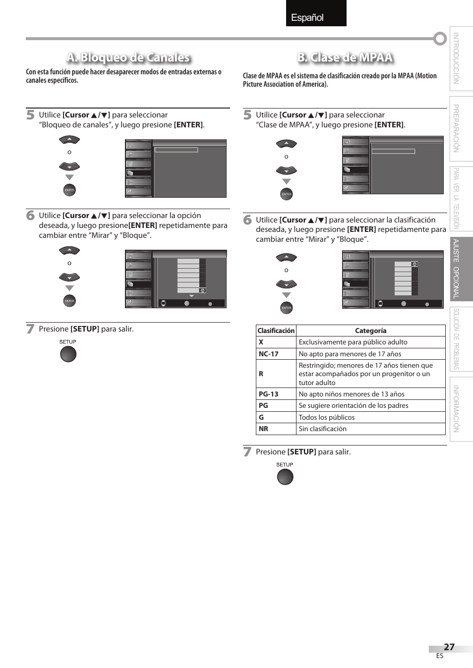 Español, A. bloqueo de canales, B. clase de mpaa | Presione [setup] para salir | Sylvania LC427SSX User Manual | Page 104 / 117