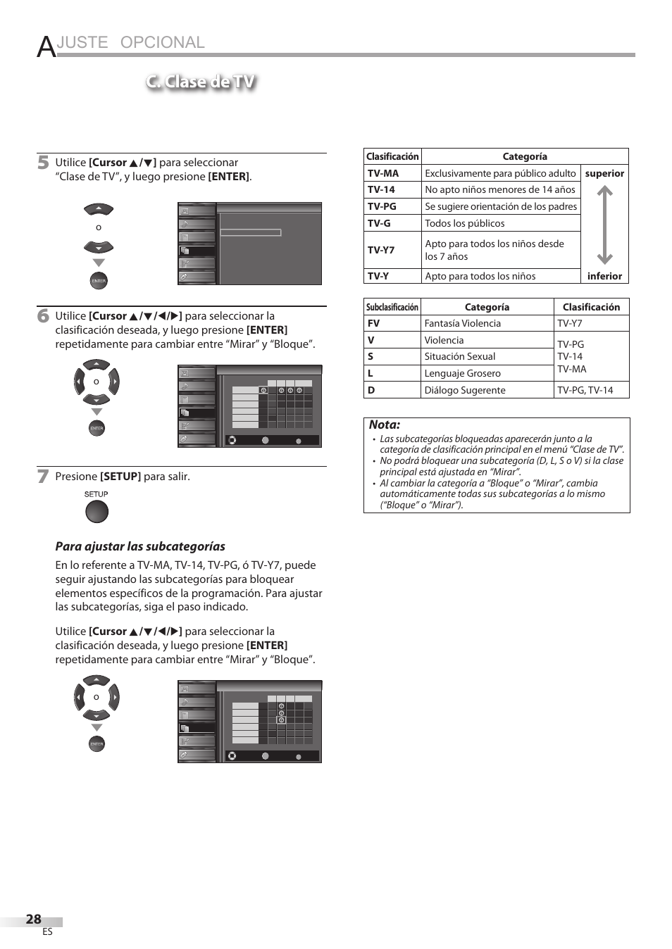 Juste opcional, C. clase de tv, Para ajustar las subcategorías | Nota, Presione [setup] para salir | Sylvania LC427SSX User Manual | Page 105 / 117