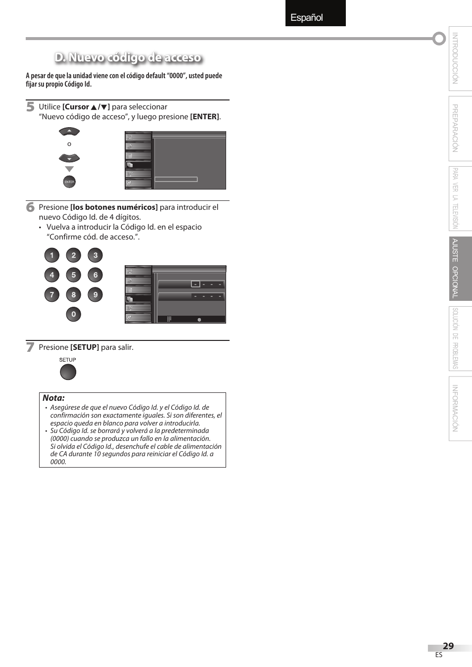 Español, D. nuevo código de acceso, Nota | Presione [setup] para salir | Sylvania LC427SSX User Manual | Page 106 / 117