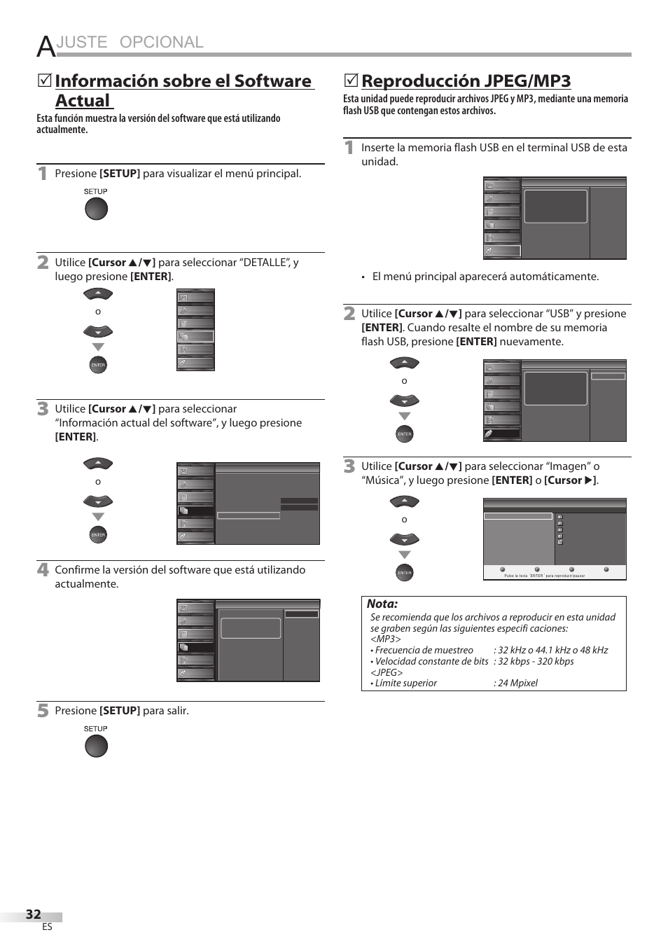 Juste opcional, Información sobre el software actual, 5reproducción jpeg/mp3 | Nota, Presione [setup] para visualizar el menú principal, Presione [setup] para salir, El menú principal aparecerá automáticamente | Sylvania LC427SSX User Manual | Page 109 / 117