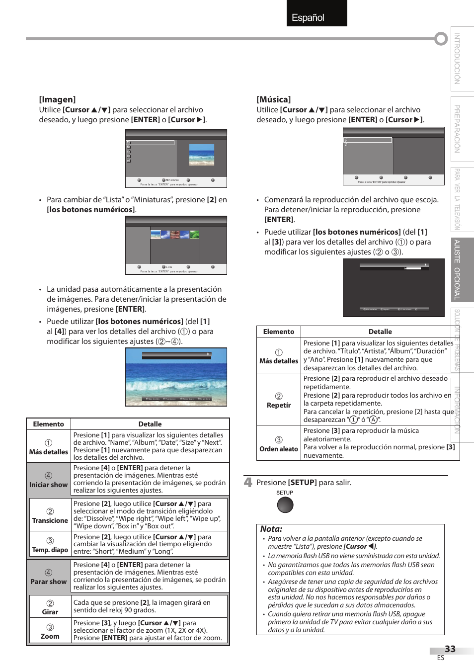 Español, Imagen, Música | Nota, O para modificar los siguientes ajustes, Presione [setup] para salir | Sylvania LC427SSX User Manual | Page 110 / 117