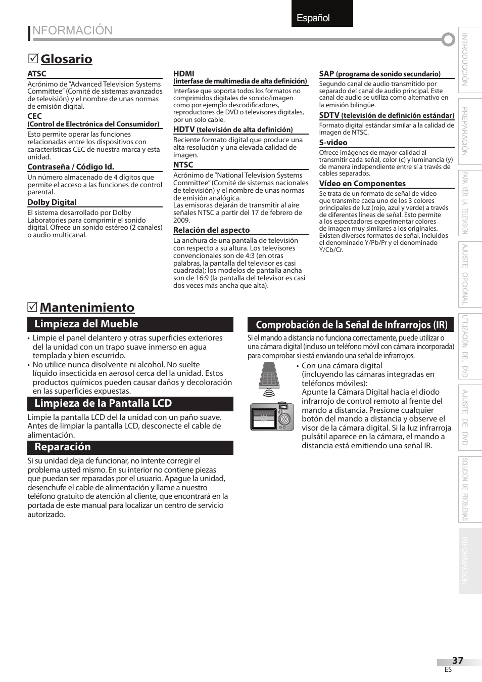 Nformación, Español, Glosario 5 mantenimiento 5 | Sylvania LC427SSX User Manual | Page 114 / 117