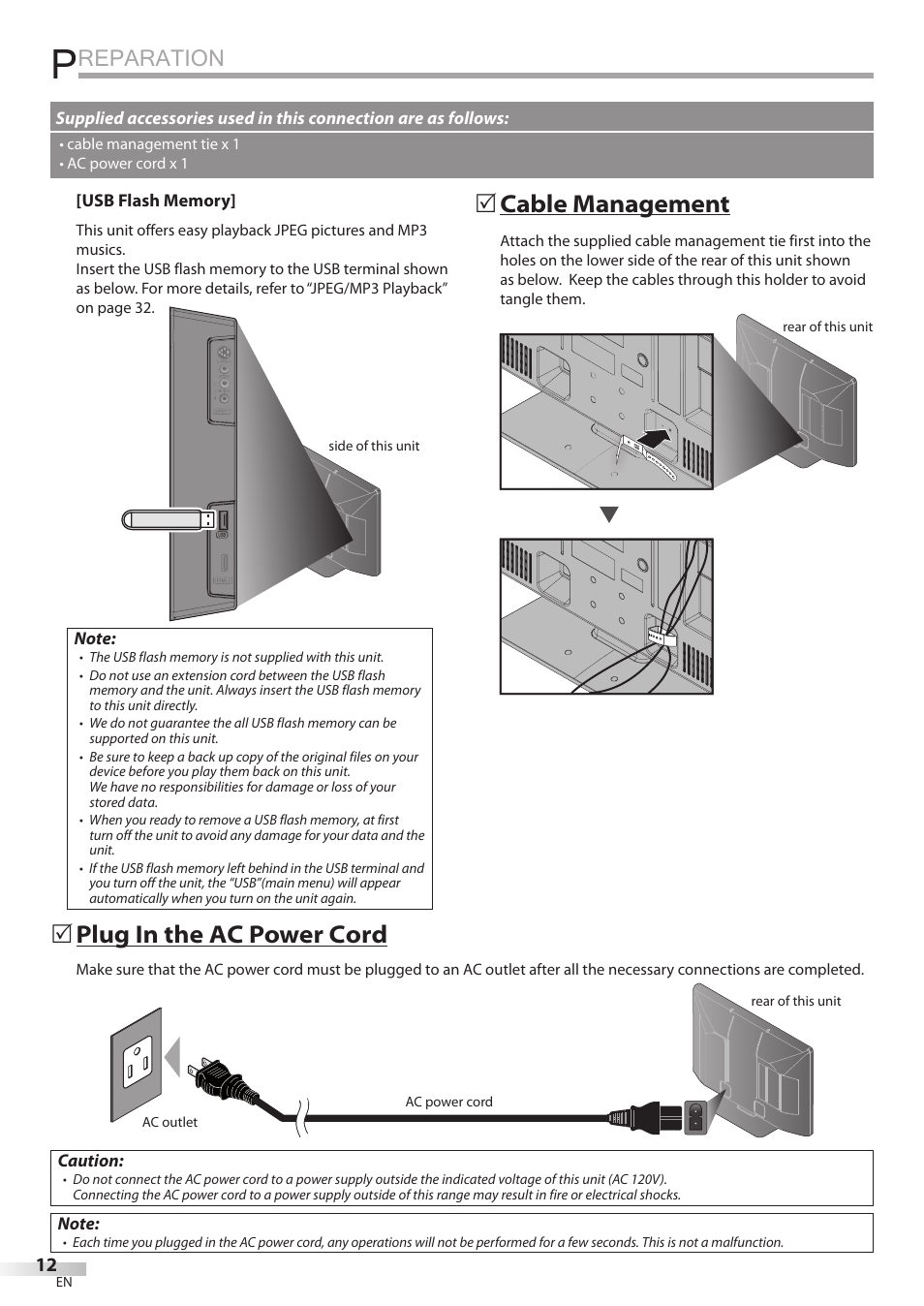 Reparation, Plug in the ac power cord, Cable management | Sylvania LC427SSX User Manual | Page 12 / 117
