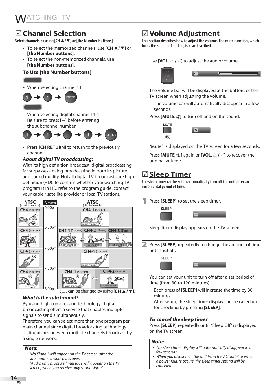 Atching tv, Channel selection, Volume adjustment | Sleep timer | Sylvania LC427SSX User Manual | Page 14 / 117