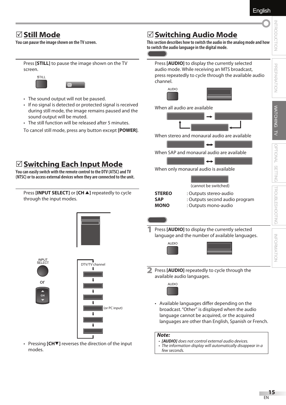 English, Still mode, Switching each input mode | Switching audio mode | Sylvania LC427SSX User Manual | Page 15 / 117