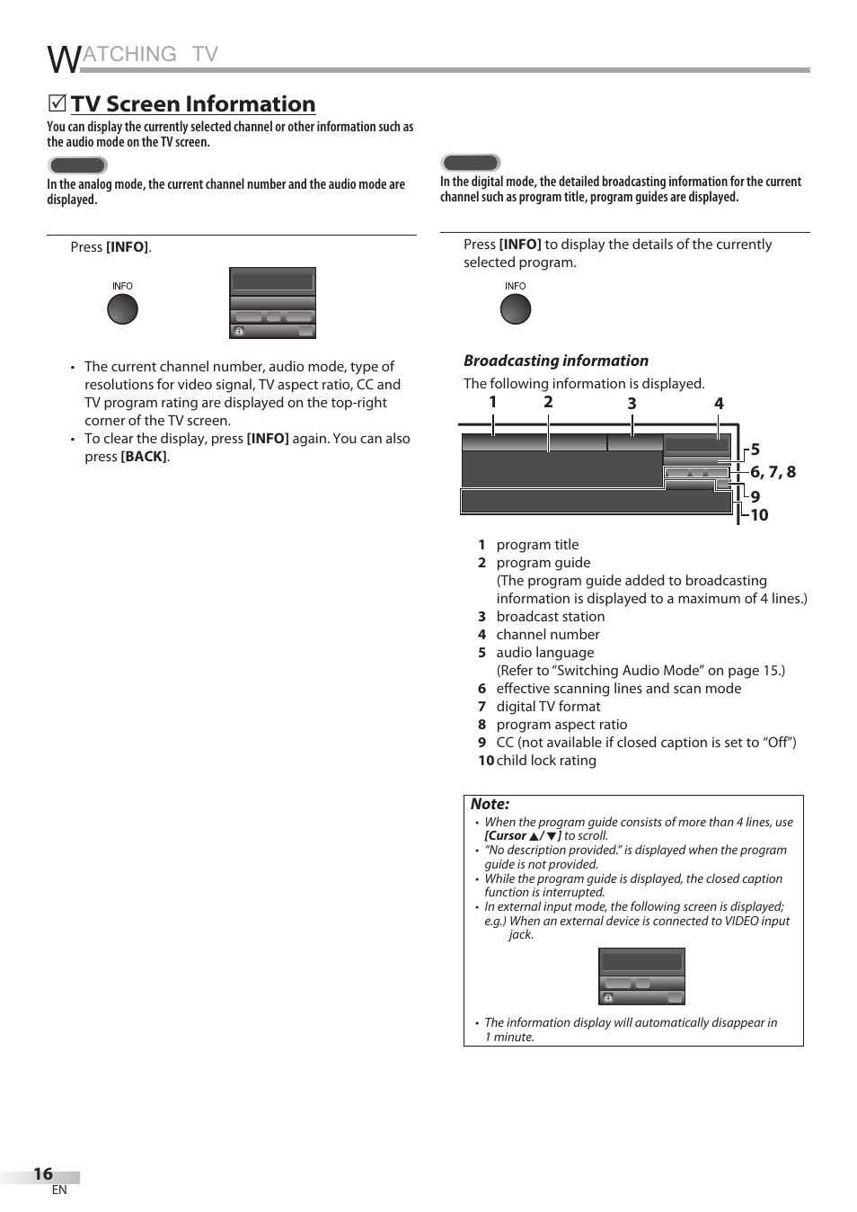 Atching tv, Tv screen information, Broadcasting information | Video | Sylvania LC427SSX User Manual | Page 16 / 117