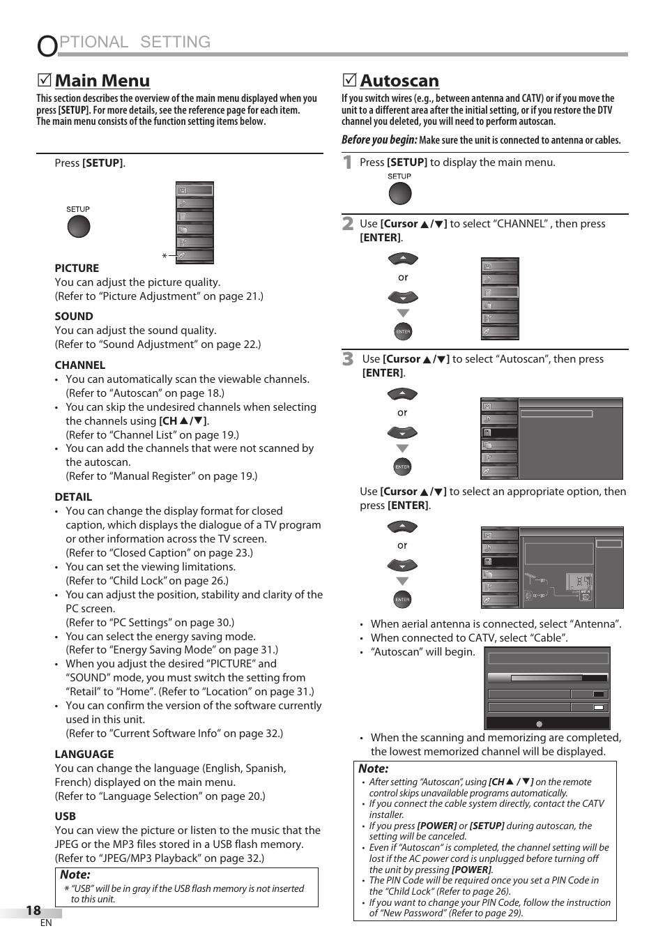 Ptional setting, Main menu, Autoscan | Before you begin | Sylvania LC427SSX User Manual | Page 18 / 117