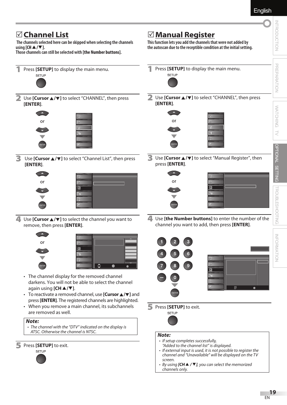 English, Channel list, Manual register | Press [setup] to display the main menu, Press [setup] to exit | Sylvania LC427SSX User Manual | Page 19 / 117