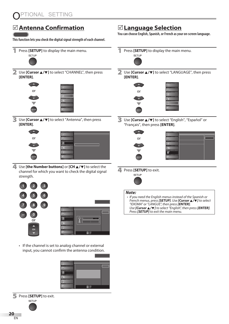 Ptional setting, Antenna confirmation, Language selection | Press [setup] to display the main menu, Press [setup] to exit | Sylvania LC427SSX User Manual | Page 20 / 117