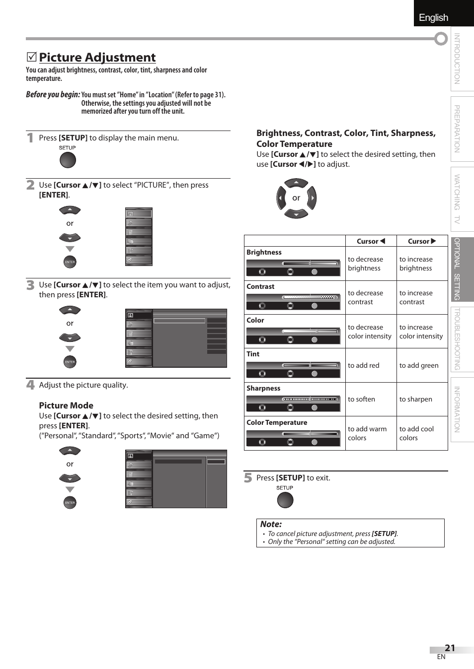 English, Picture adjustment, Before you begin | Picture mode, Press [setup] to display the main menu, Adjust the picture quality, Press [setup] to exit | Sylvania LC427SSX User Manual | Page 21 / 117