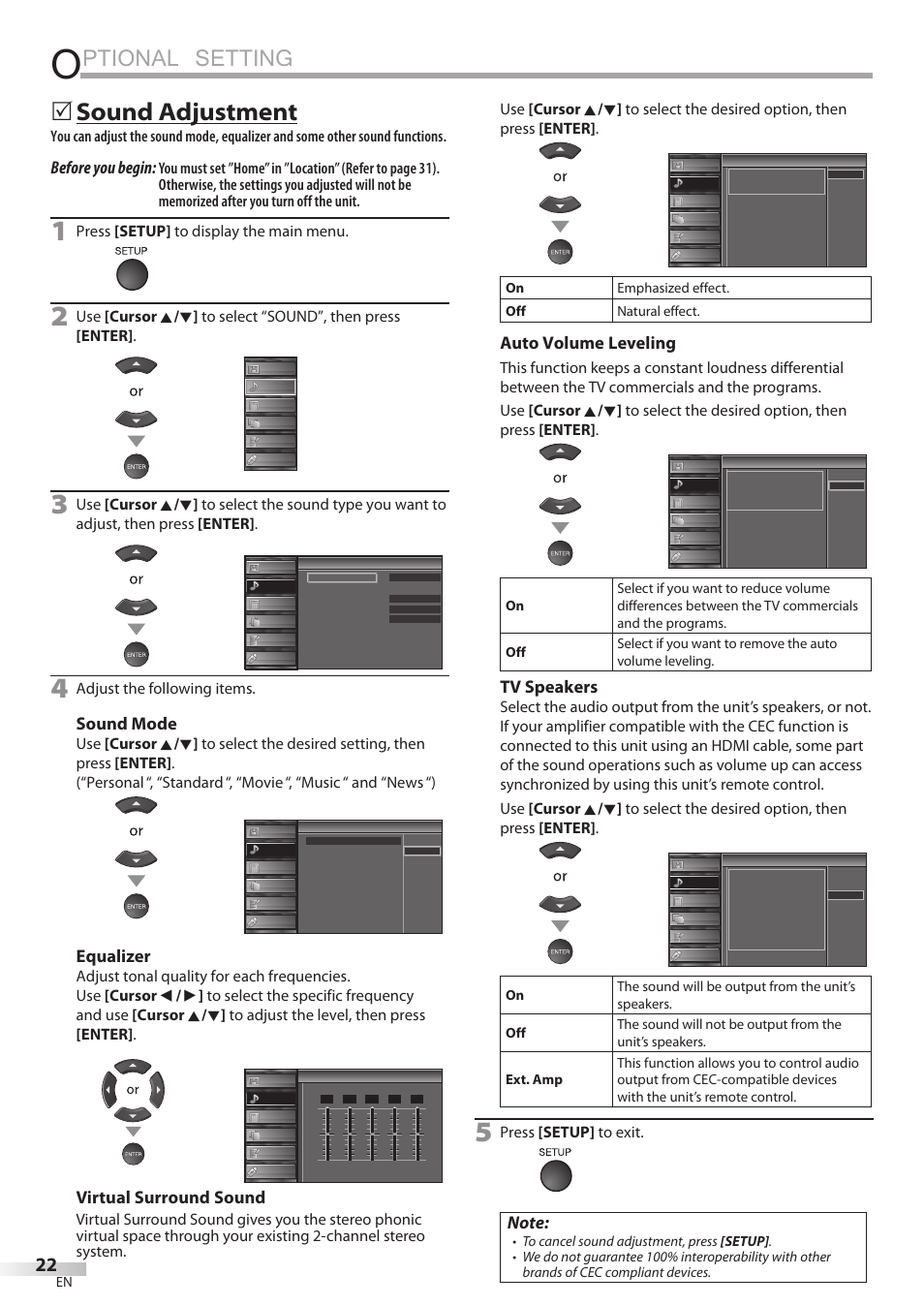 Ptional setting, Sound adjustment, Before you begin | Sound mode, Equalizer, Virtual surround sound, Auto volume leveling, Tv speakers, Press [setup] to display the main menu, Adjust the following items | Sylvania LC427SSX User Manual | Page 22 / 117