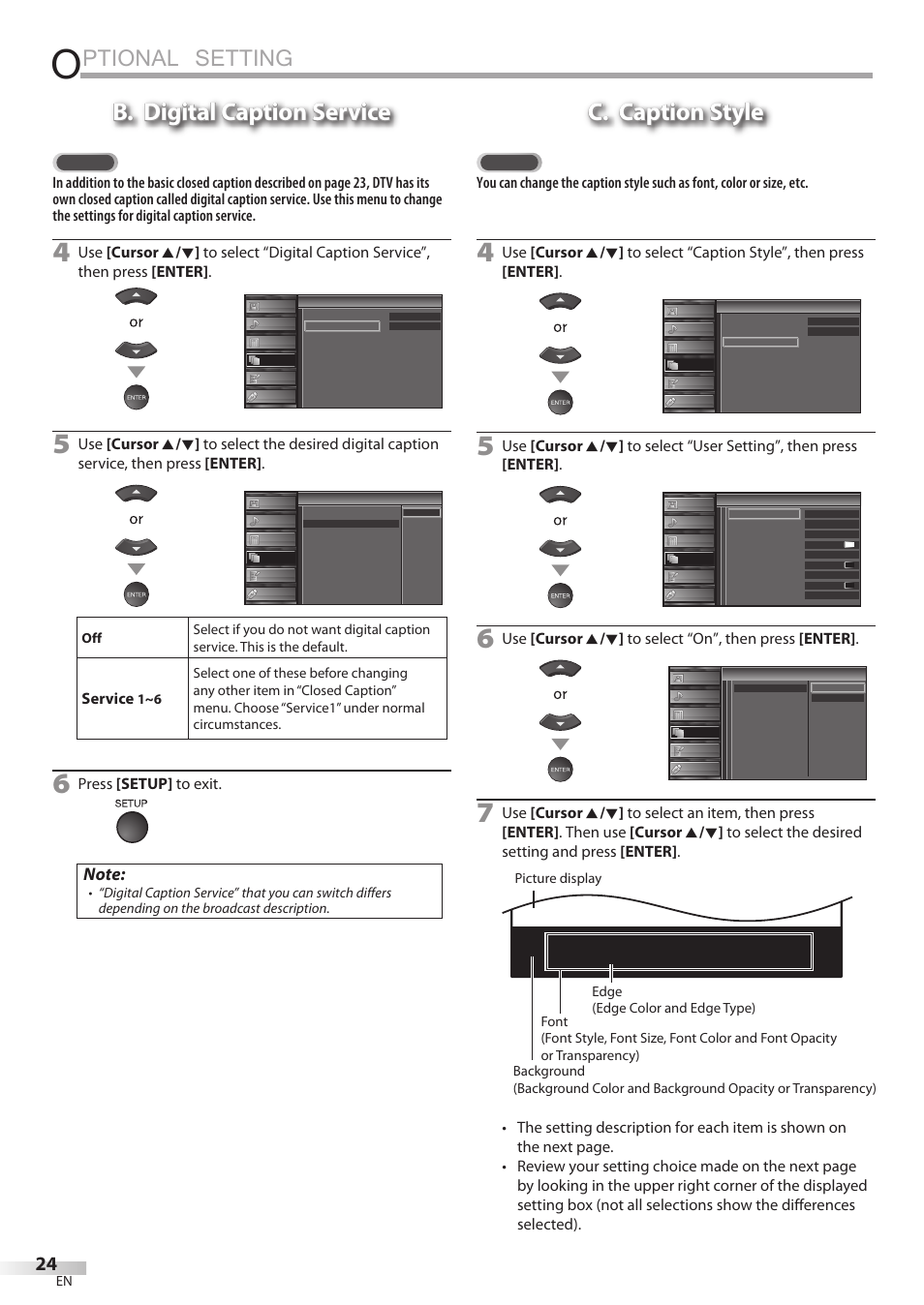 Ptional setting, B. digital caption service, C. caption style | Service, Press [setup] to exit | Sylvania LC427SSX User Manual | Page 24 / 117