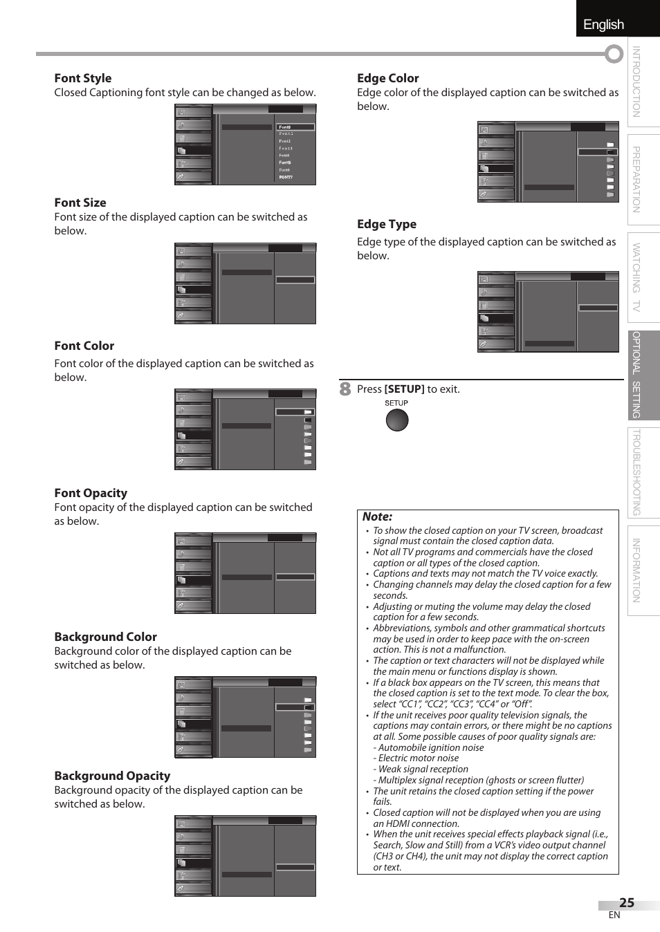 English, Font style, Font size | Font color, Font opacity, Background color, Background opacity, Edge color, Edge type, Press [setup] to exit | Sylvania LC427SSX User Manual | Page 25 / 117