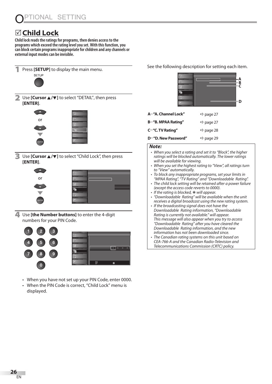 Ptional setting, Child lock, Press [setup] to display the main menu | Sylvania LC427SSX User Manual | Page 26 / 117