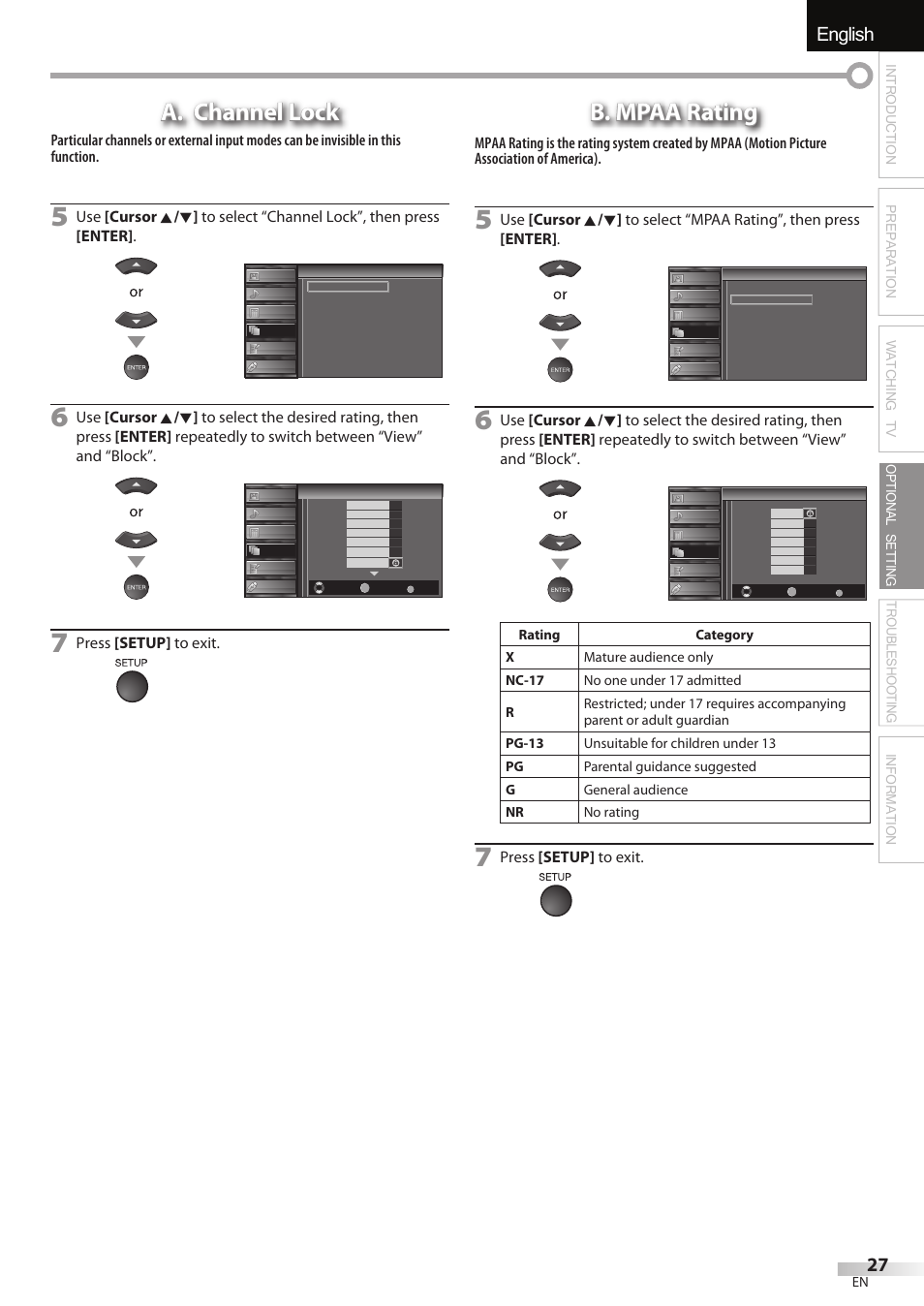 English, A. channel lock, B. mpaa rating | Press [setup] to exit | Sylvania LC427SSX User Manual | Page 27 / 117