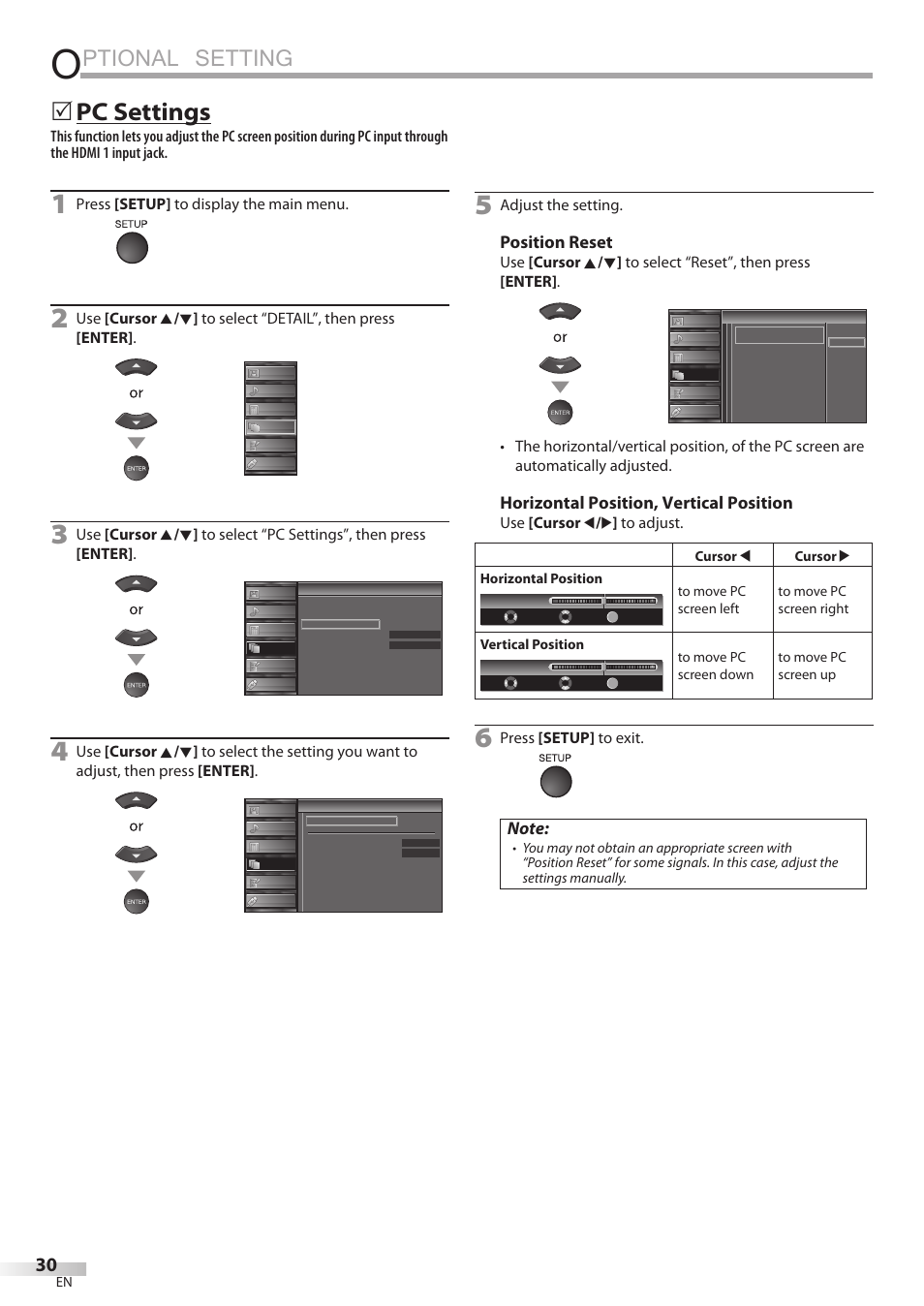Ptional setting, Pc settings, Position reset | Horizontal position, vertical position, Press [setup] to display the main menu, Adjust the setting, Use [cursor s / b ] to adjust, Press [setup] to exit | Sylvania LC427SSX User Manual | Page 30 / 117