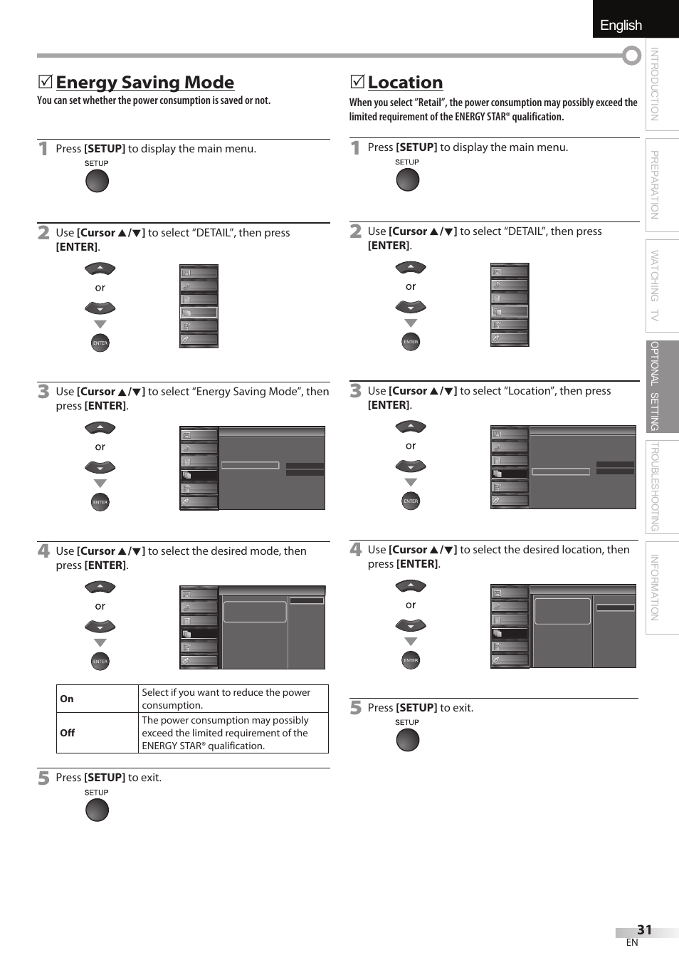 English, Energy saving mode, 5location | Press [setup] to display the main menu, Press [setup] to exit | Sylvania LC427SSX User Manual | Page 31 / 117