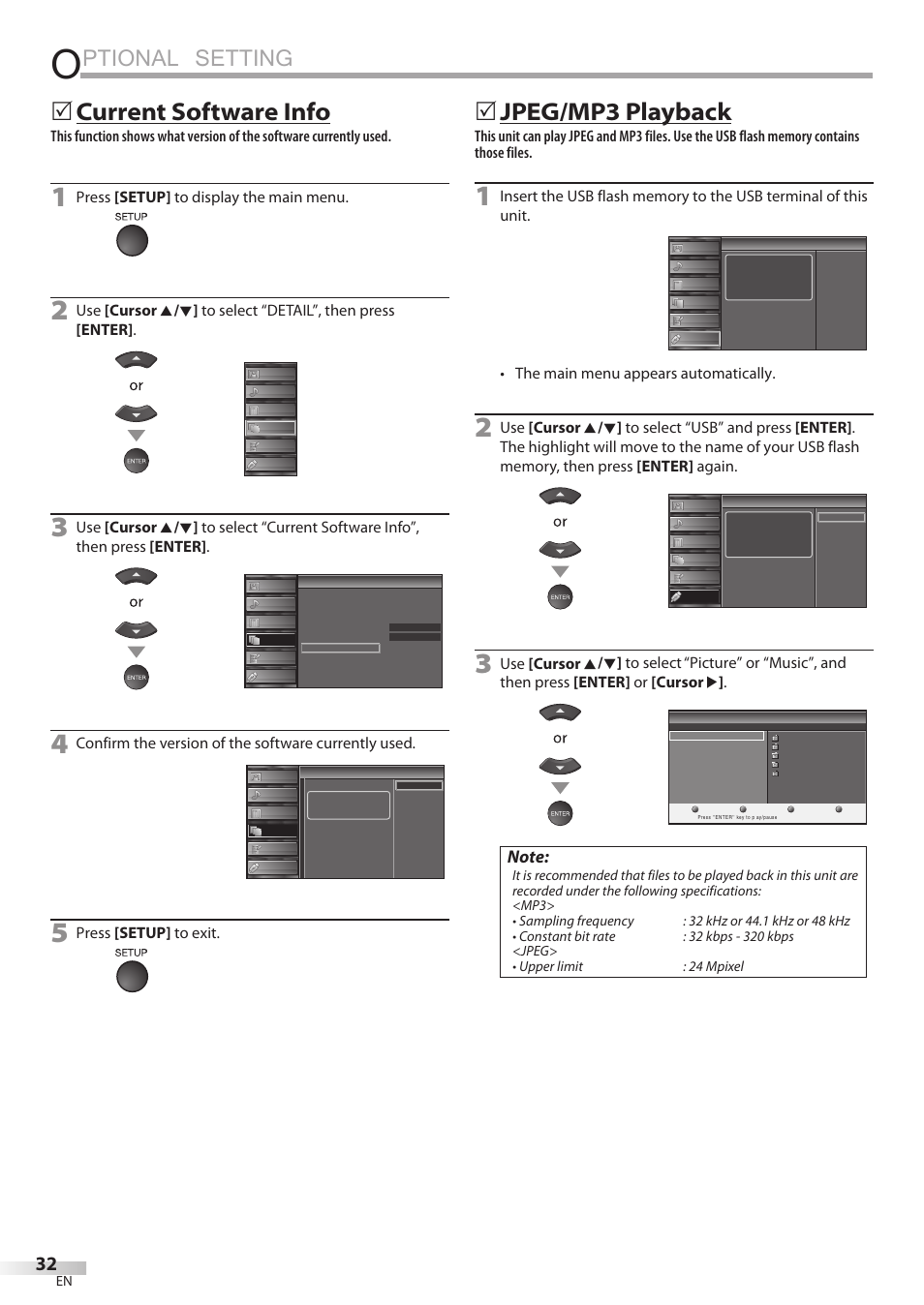 Ptional setting, Current software info, 5jpeg/mp3 playback | Press [setup] to display the main menu, Confirm the version of the software currently used, Press [setup] to exit, The main menu appears automatically | Sylvania LC427SSX User Manual | Page 32 / 117