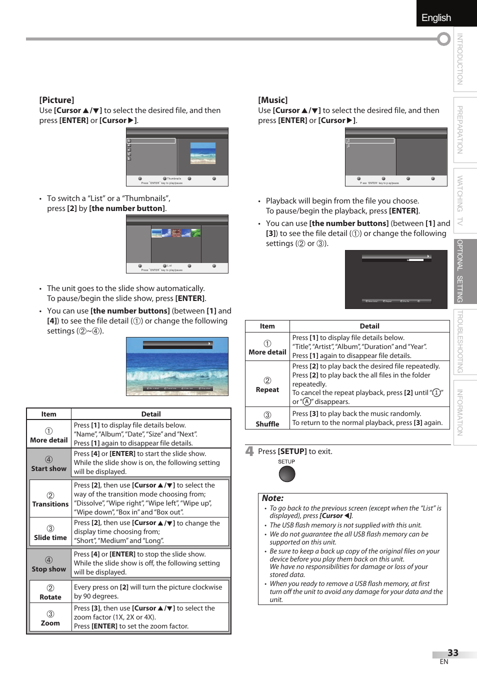 English, Picture, Music | Or change the following settings, Press [setup] to exit | Sylvania LC427SSX User Manual | Page 33 / 117