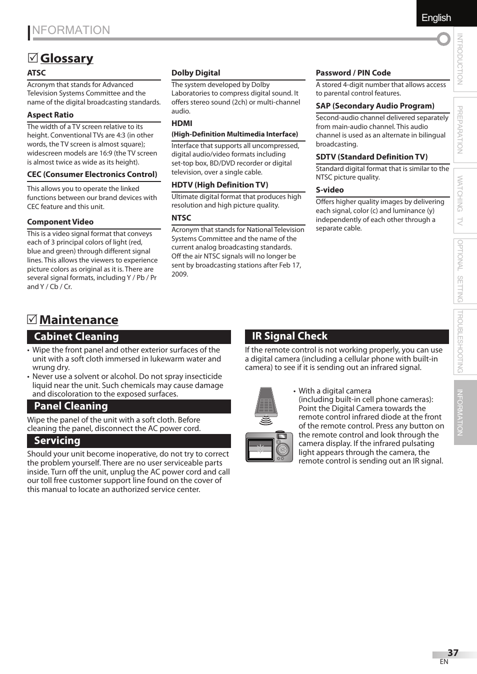 Nformation, English, Glossary 5 maintenance 5 | Sylvania LC427SSX User Manual | Page 37 / 117