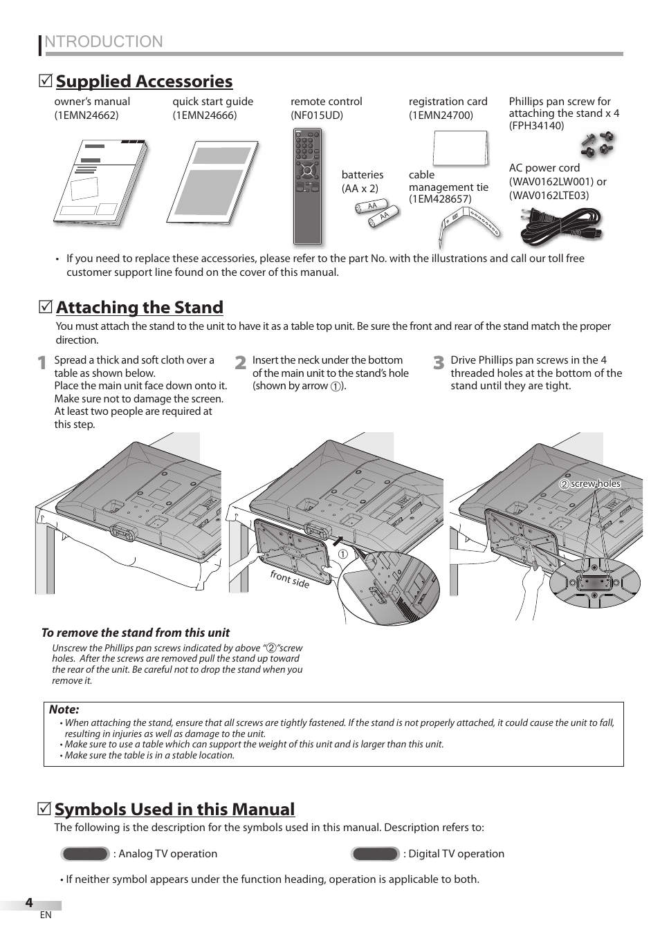 Ntroduction, Supplied accessories 5 attaching the stand, Symbols used in this manual | Sylvania LC427SSX User Manual | Page 4 / 117