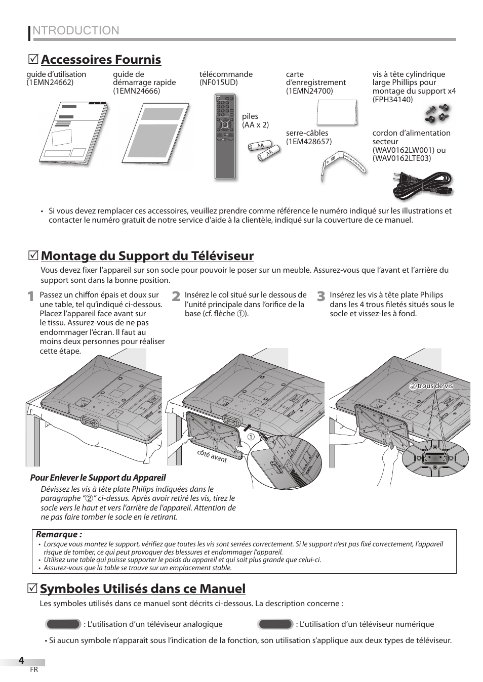 Ntroduction, Montage du support du téléviseur, Accessoires fournis 5 | Symboles utilisés dans ce manuel | Sylvania LC427SSX User Manual | Page 43 / 117