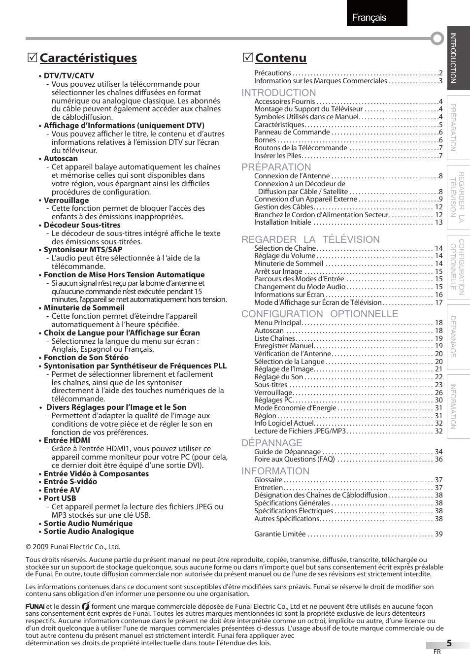 Français, Introduction, Préparation | Regarder la télévision, Configuration optionnelle, Dépannage, Information, Caractéristiques 5, Contenu 5 | Sylvania LC427SSX User Manual | Page 44 / 117