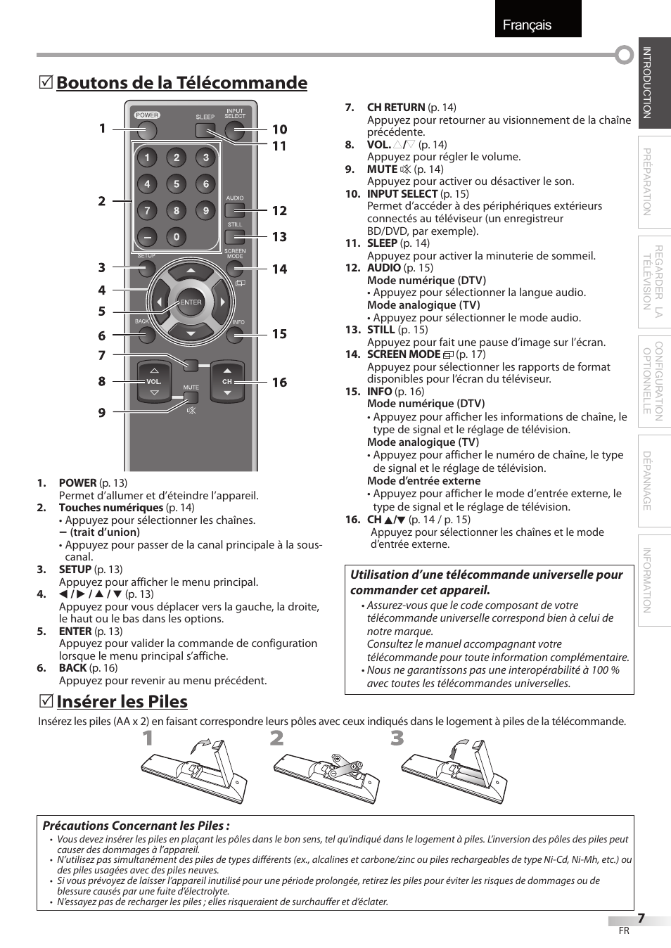 Français, Insérer les piles | Sylvania LC427SSX User Manual | Page 46 / 117