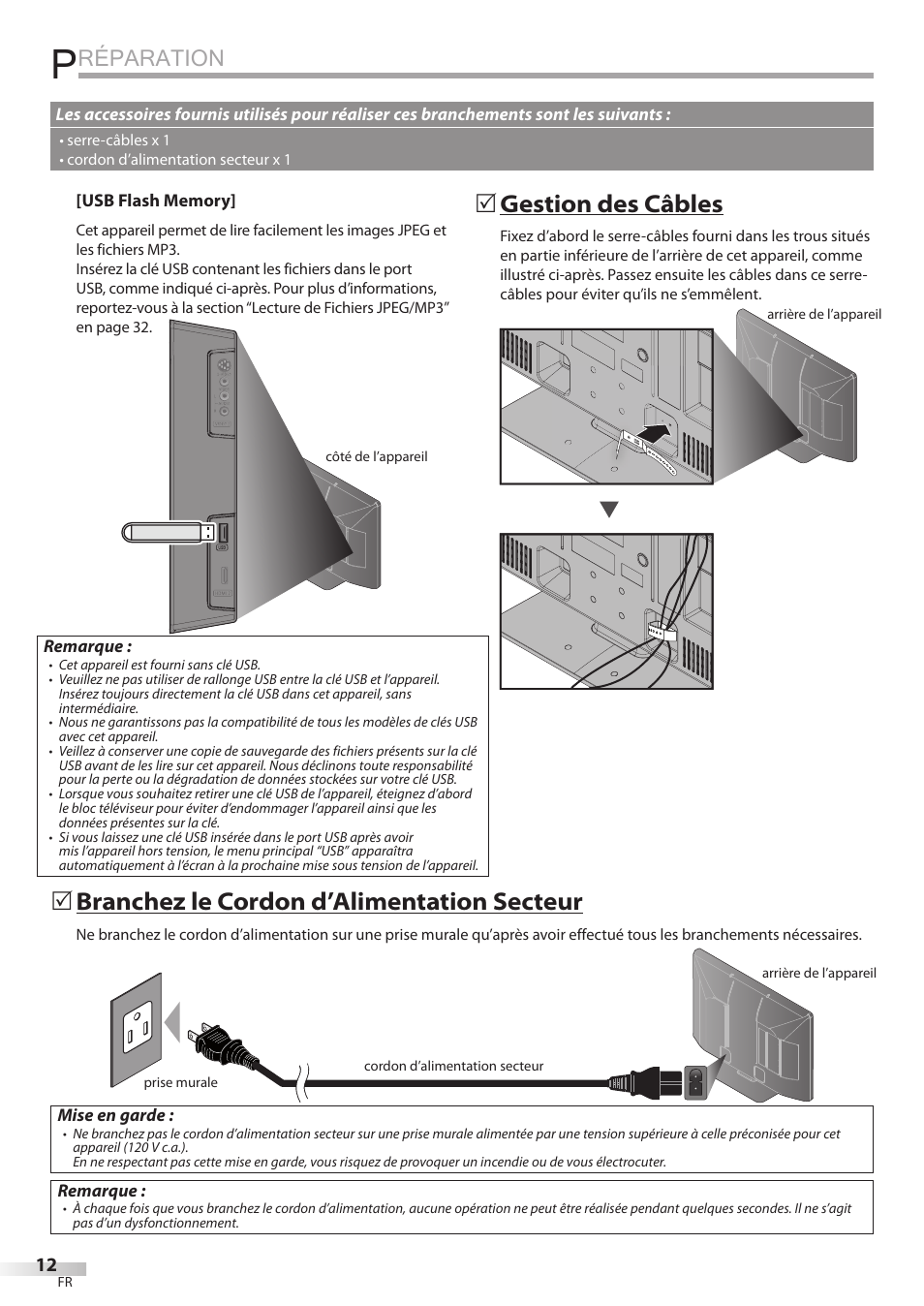 Réparation, Branchez le cordon d’alimentation secteur, Gestion des câbles | Sylvania LC427SSX User Manual | Page 51 / 117