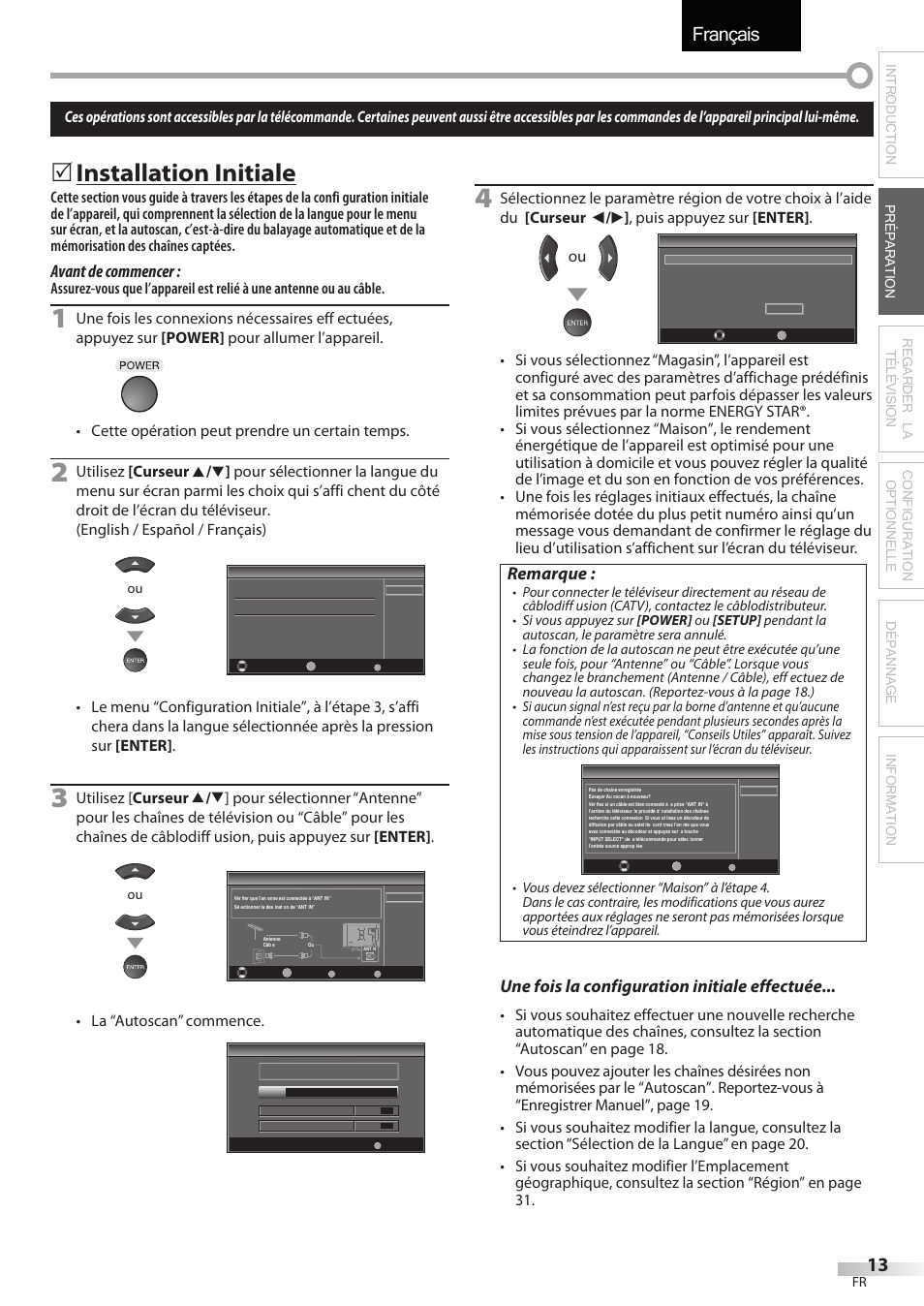 Français, Installation initiale, Avant de commencer | Remarque, Une fois la configuration initiale effectuée, La “autoscan” commence | Sylvania LC427SSX User Manual | Page 52 / 117