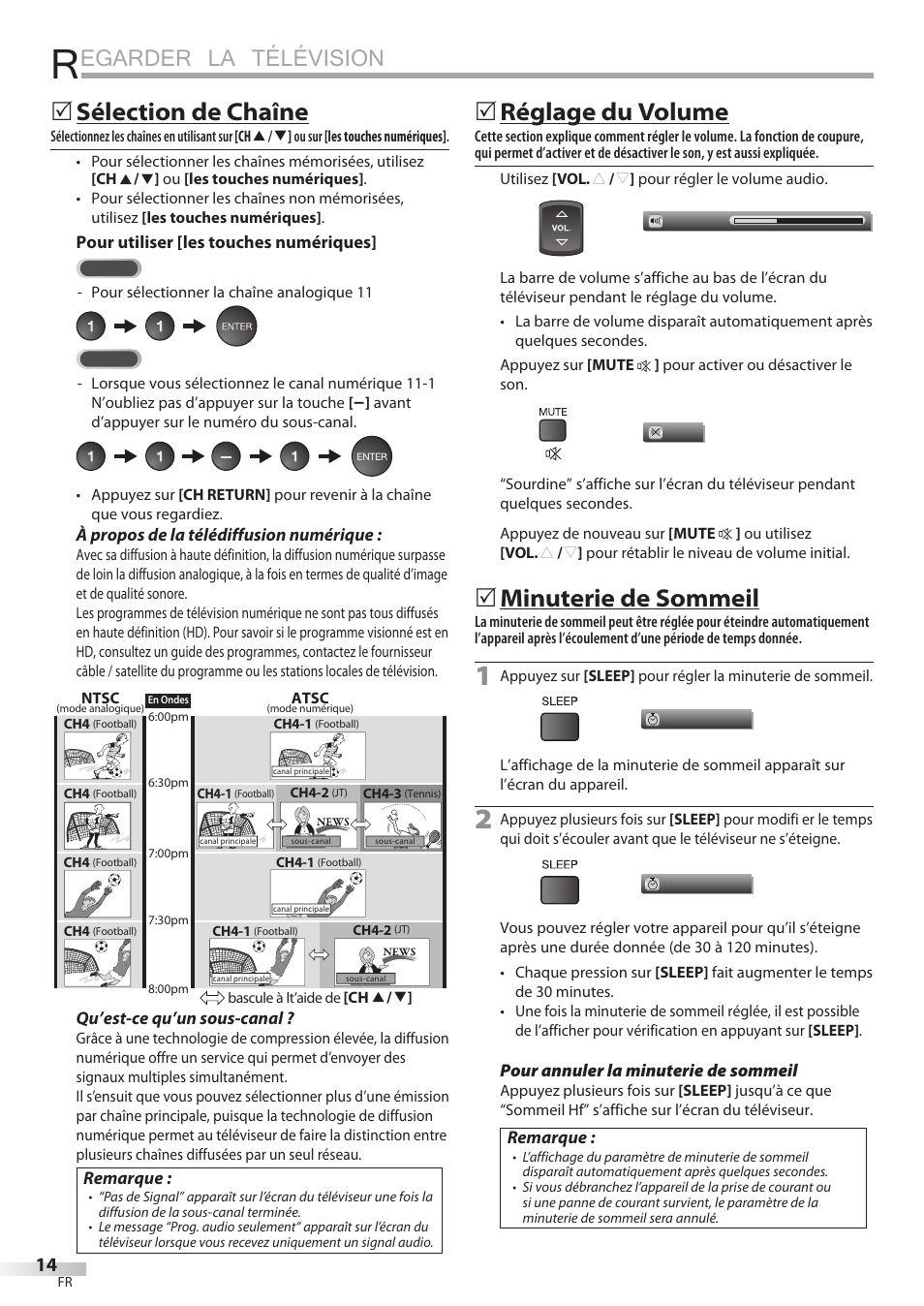 Egarder la télévision, Sélection de chaîne, Réglage du volume | Minuterie de sommeil | Sylvania LC427SSX User Manual | Page 53 / 117