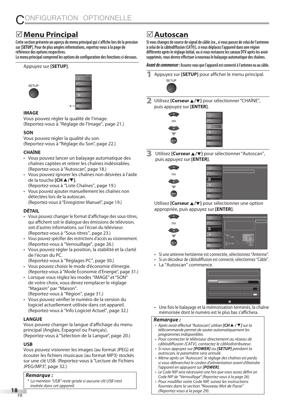 Onfiguration optionnelle, Menu principal, Autoscan | Remarque, Avant de commencer | Sylvania LC427SSX User Manual | Page 57 / 117